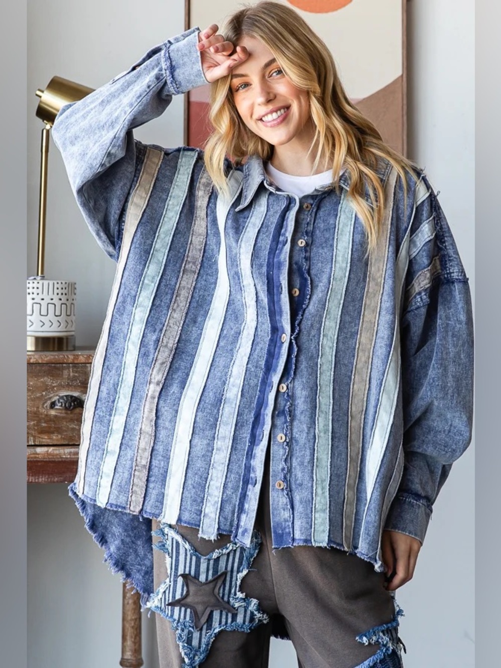 #60 Oli & Hali Striped Washed Blue Button-Down Shirt Jacket